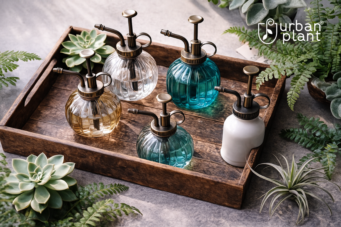 Different type of sprayers kept on the wooden table